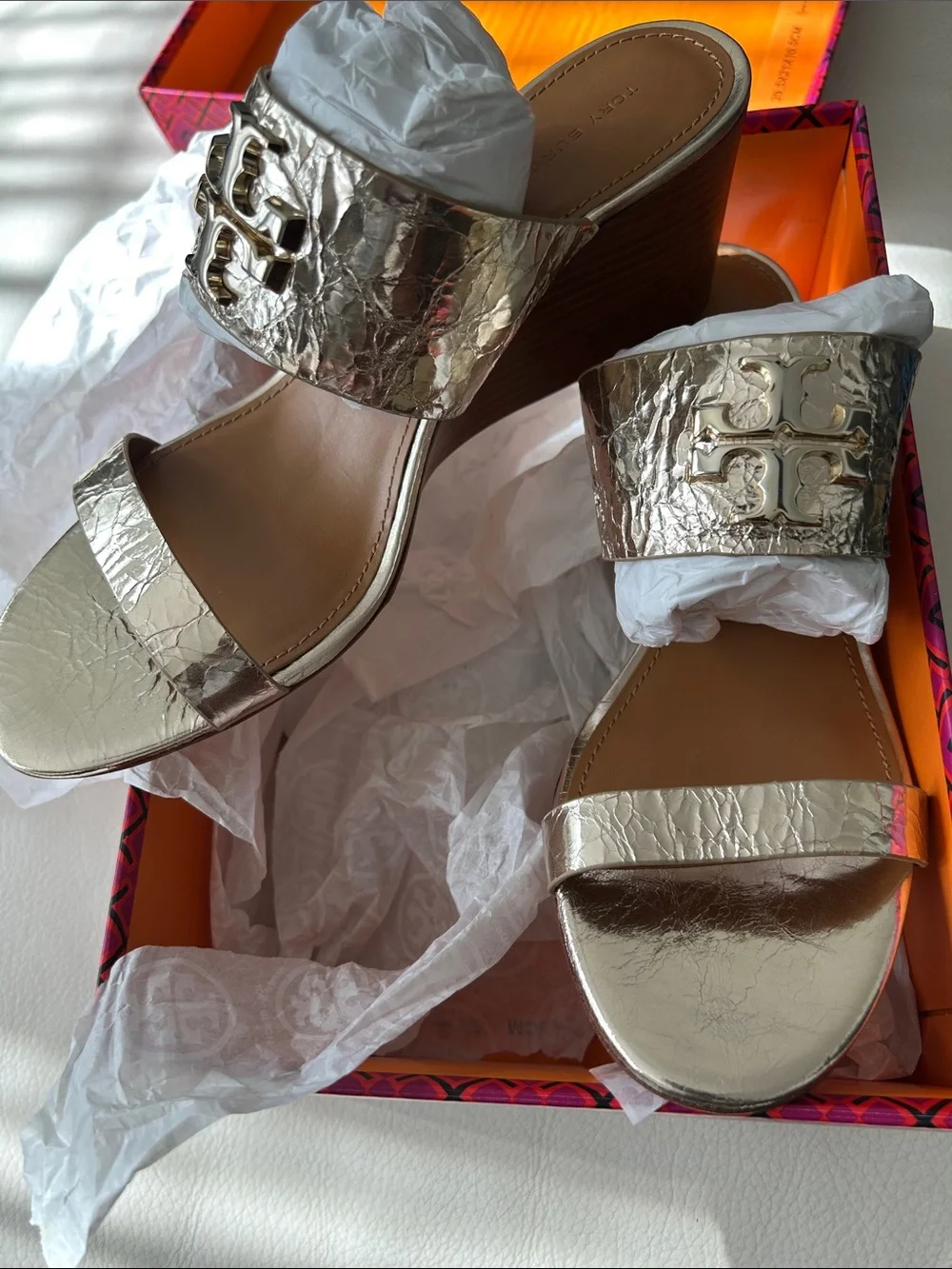 Tory Burch Metallic Gold Slide Wedges